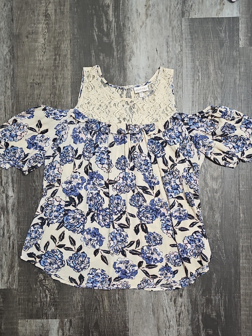 Shyanne Cream Cold-Shoulder Top with Blue Floral Print and Lace Yoke